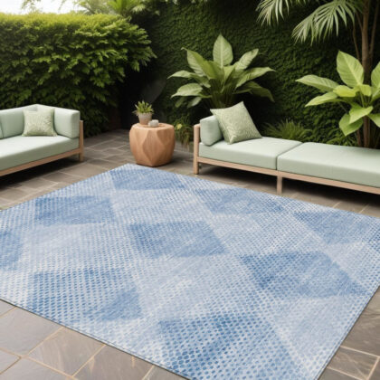 10' X 14' Blue Geometric Washable Non Skid Indoor Outdoor Area Rug