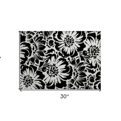 2' X 3' Black and Ivory Floral Washable Non Skid Indoor Outdoor Area Rug
