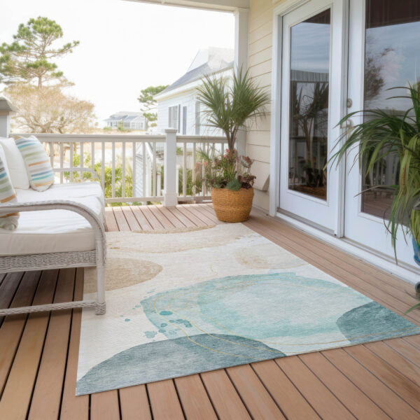 3' X 5' Beige and Blue Abstract Washable Non Skid Indoor Outdoor Area Rug