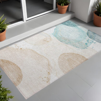 3' X 5' Beige and Blue Abstract Washable Non Skid Indoor Outdoor Area Rug