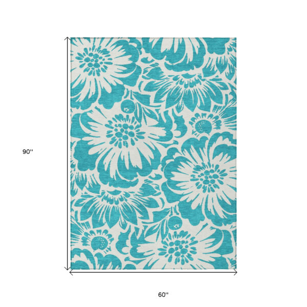 5' X 8' Teal and Ivory Floral Washable Non Skid Indoor Outdoor Area Rug