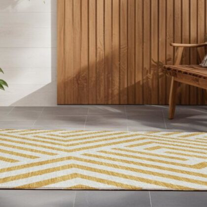 8' Runner Gold and White Geometric Washable Non Skid Indoor Outdoor Runner Rug