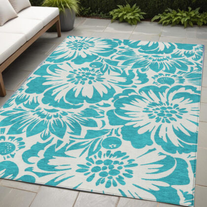 5' X 8' Teal and Ivory Floral Washable Non Skid Indoor Outdoor Area Rug