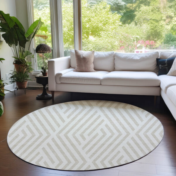 8' Round Beige and Ivory Round Geometric Washable Non Skid Indoor Outdoor Area Rug