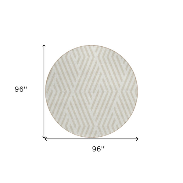 8' Round Beige and Ivory Round Geometric Washable Non Skid Indoor Outdoor Area Rug