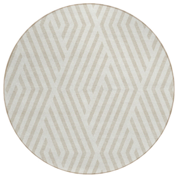 8' Round Beige and Ivory Round Geometric Washable Non Skid Indoor Outdoor Area Rug
