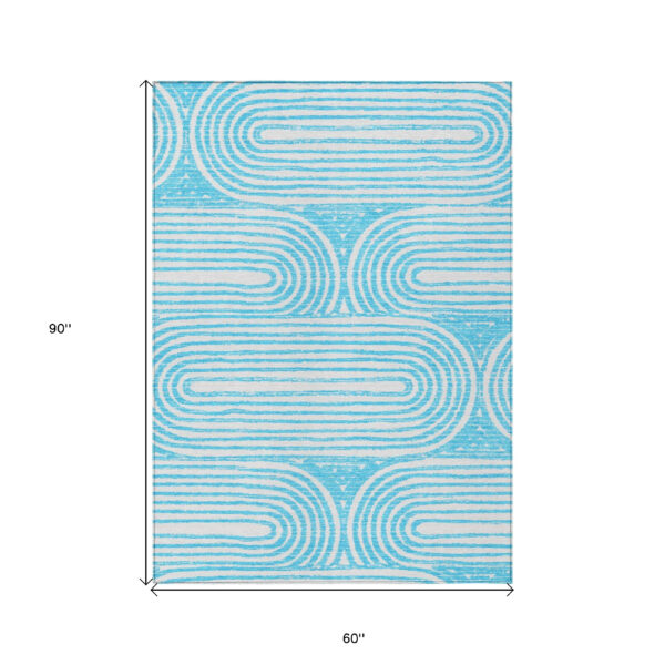 5' X 8' Teal Abstract Washable Non Skid Indoor Outdoor Area Rug