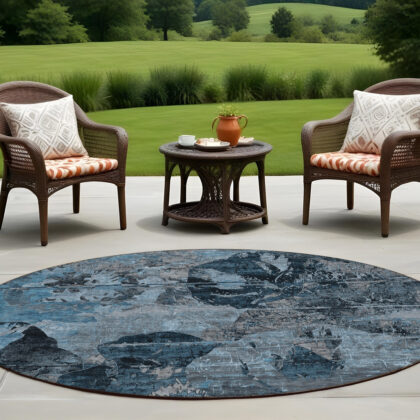 8' Round Blue and Dark Blue Round Floral Washable Non Skid Indoor Outdoor Area Rug