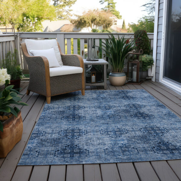 10' X 14' Navy Blue Floral Medallion Washable Non Skid Indoor Outdoor Area Rug