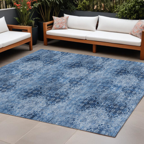 10' X 14' Navy Blue Floral Medallion Washable Non Skid Indoor Outdoor Area Rug