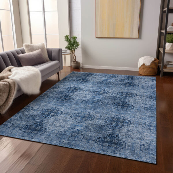 10' X 14' Navy Blue Floral Medallion Washable Non Skid Indoor Outdoor Area Rug