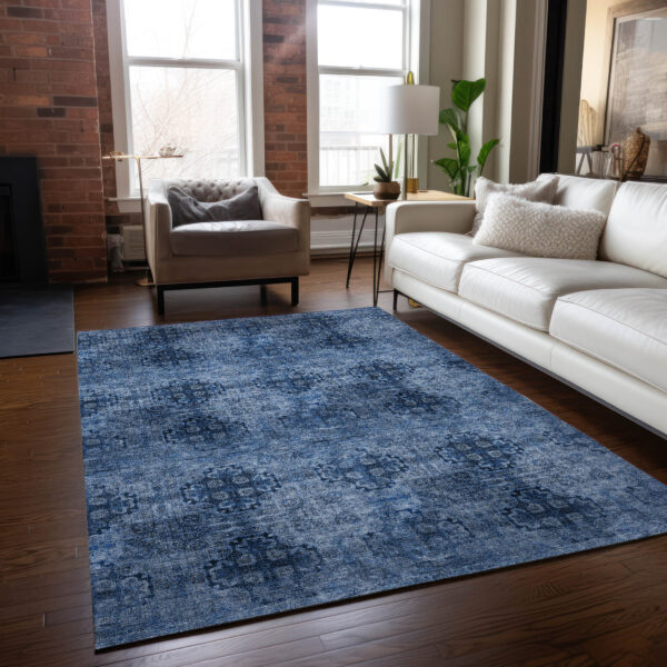 10' X 14' Navy Blue Floral Medallion Washable Non Skid Indoor Outdoor Area Rug