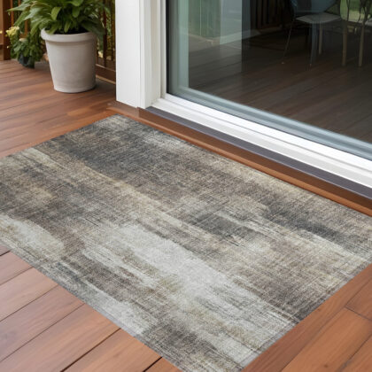 2' X 3' Taupe and Gray Abstract Washable Non Skid Indoor Outdoor Area Rug