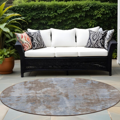8' Round Mocha and Blue Round Abstract Washable Non Skid Indoor Outdoor Area Rug