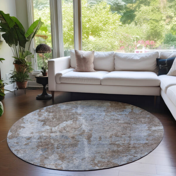 8' Round Mocha and Blue Round Abstract Washable Non Skid Indoor Outdoor Area Rug