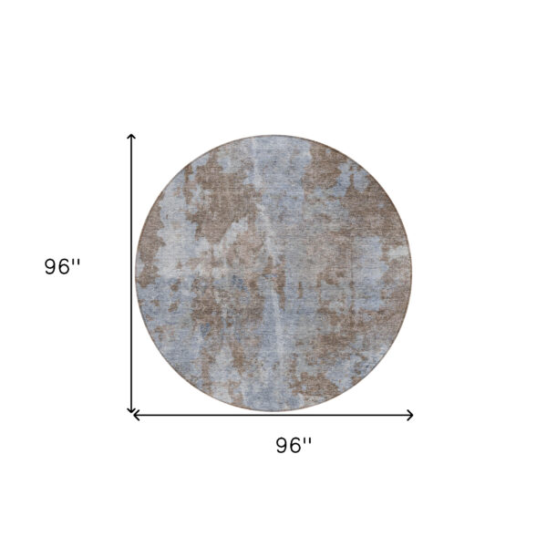 8' Round Mocha and Blue Round Abstract Washable Non Skid Indoor Outdoor Area Rug