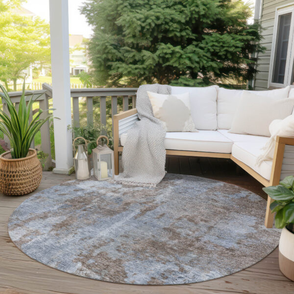8' Round Mocha and Blue Round Abstract Washable Non Skid Indoor Outdoor Area Rug