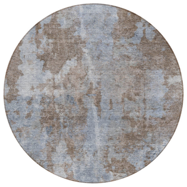 8' Round Mocha and Blue Round Abstract Washable Non Skid Indoor Outdoor Area Rug
