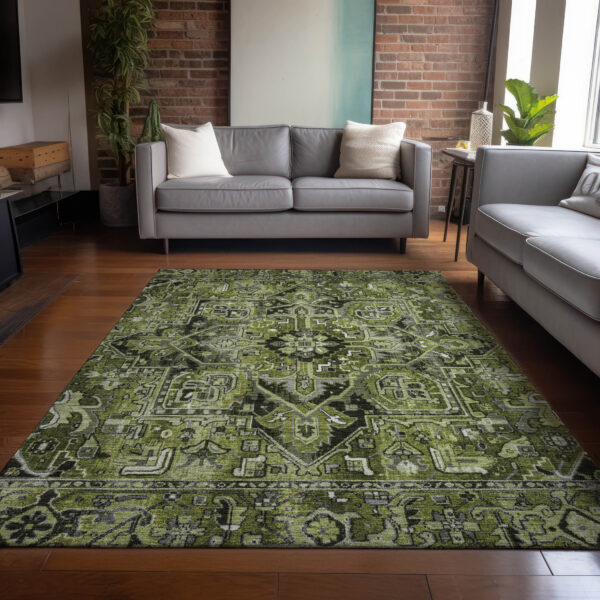 3' X 5' Olive Green and Dark Green Oriental Washable Non Skid Indoor Outdoor Area Rug