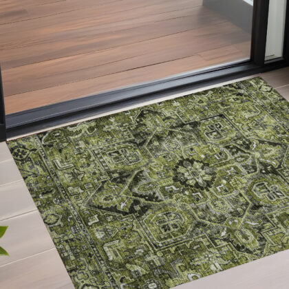 3' X 5' Olive Green and Dark Green Oriental Washable Non Skid Indoor Outdoor Area Rug