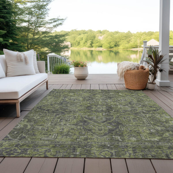 10' X 14' Moss Green and Gray Oriental Washable Non Skid Indoor Outdoor Area Rug