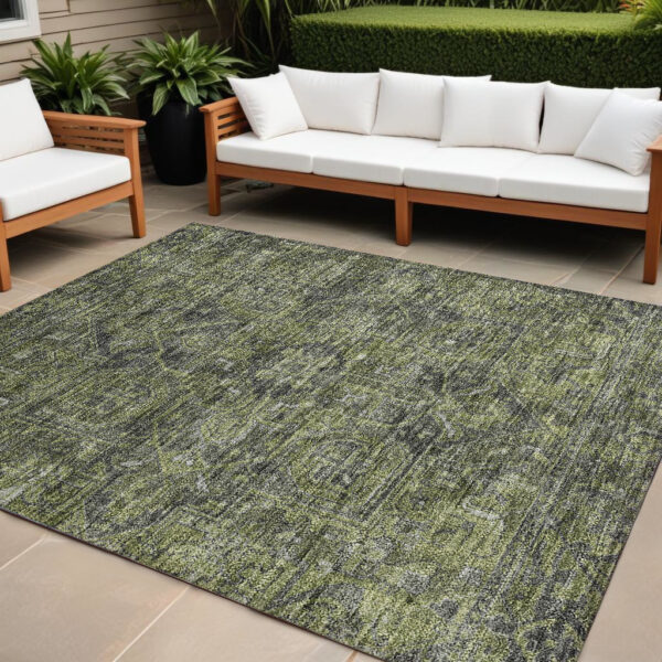 10' X 14' Moss Green and Gray Oriental Washable Non Skid Indoor Outdoor Area Rug
