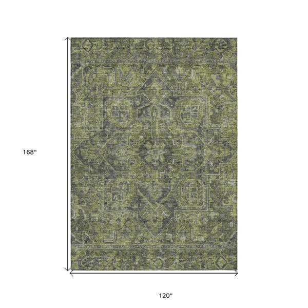 10' X 14' Moss Green and Gray Oriental Washable Non Skid Indoor Outdoor Area Rug