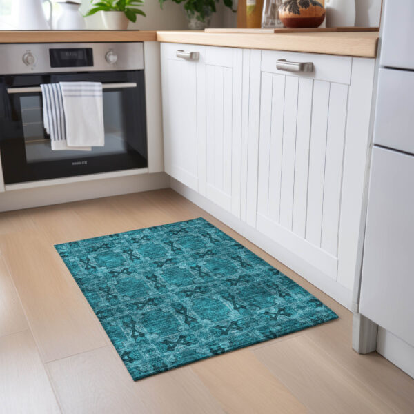 2' X 3' Teal Floral Medallion Washable Non Skid Indoor Outdoor Area Rug