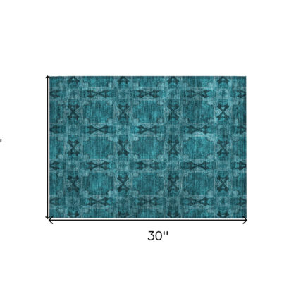 2' X 3' Teal Floral Medallion Washable Non Skid Indoor Outdoor Area Rug