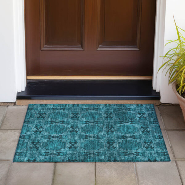 2' X 3' Teal Floral Medallion Washable Non Skid Indoor Outdoor Area Rug
