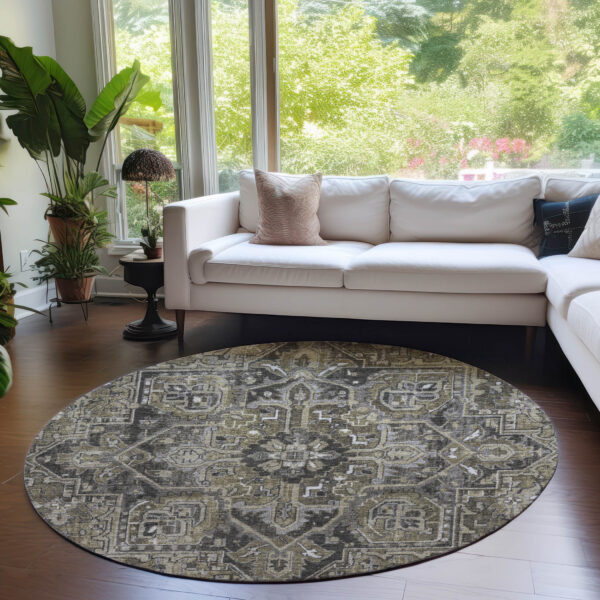 8' Round Taupe and Dark Taupe Round Oriental Washable Non Skid Indoor Outdoor Area Rug