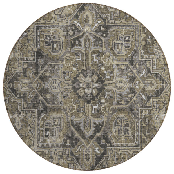 8' Round Taupe and Dark Taupe Round Oriental Washable Non Skid Indoor Outdoor Area Rug