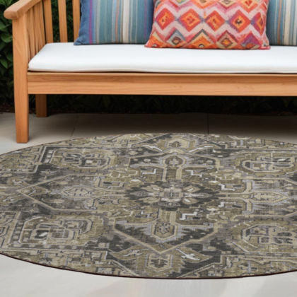 8' Round Taupe and Dark Taupe Round Oriental Washable Non Skid Indoor Outdoor Area Rug