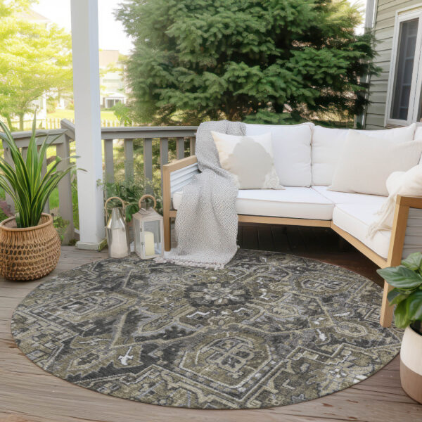 8' Round Taupe and Dark Taupe Round Oriental Washable Non Skid Indoor Outdoor Area Rug