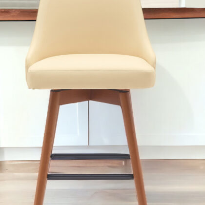 26" Cream and Wood Brown Faux Leather with Solid Wood Swivel Counter Height Bar Chair