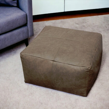 22" Gray Brown Distressed Leather Pouf Ottoman