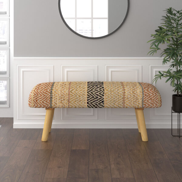 47" Brown And Natural Cotton And Wool Upholstered Striped Bench