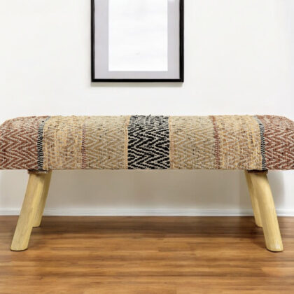 47" Brown And Natural Cotton And Wool Upholstered Striped Bench