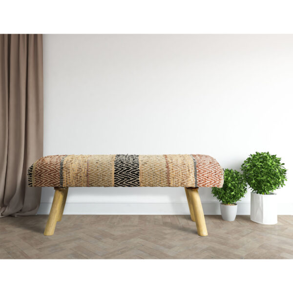 47" Brown And Natural Cotton And Wool Upholstered Striped Bench