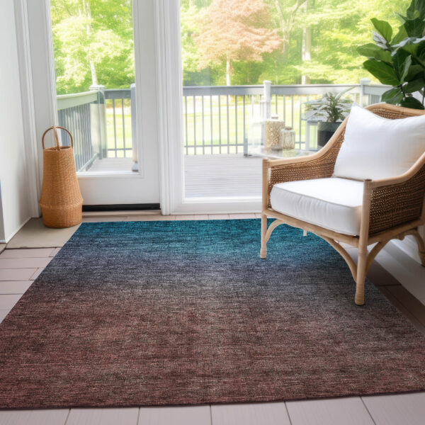 8' X 10' Teal Blue Chocolate And Charcoal Ombre Washable Indoor Outdoor Area Rug