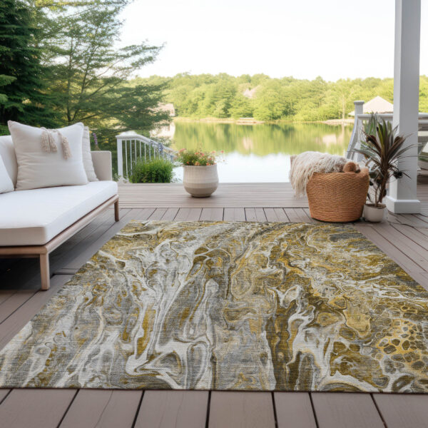 8' X 10' Brown Taupe And Gold Abstract Washable Indoor Outdoor Area Rug