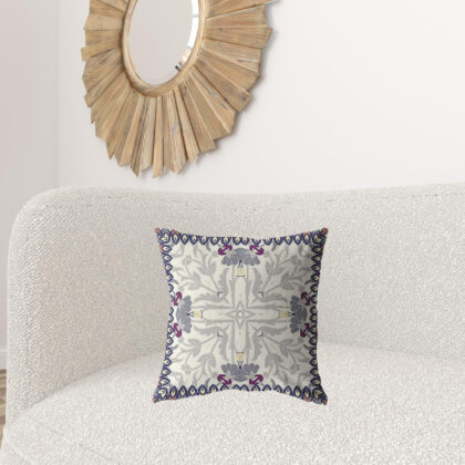 18" Gray Floral Frame Zippered Suede Throw Pillow