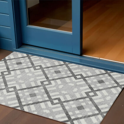 3' X 5' Gray Charcoal And Ivory Geometric Washable Indoor Outdoor Area Rug