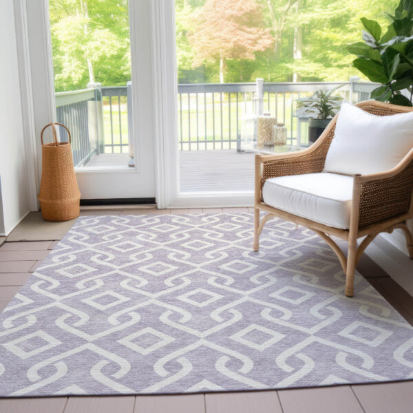 3' X 5' Lavender And Ivory Geometric Washable Indoor Outdoor Area Rug