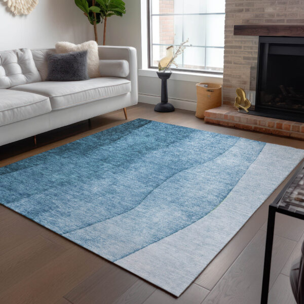 8' X 10' Denim Blue And Navy Blue Ombre Washable Indoor Outdoor Area Rug