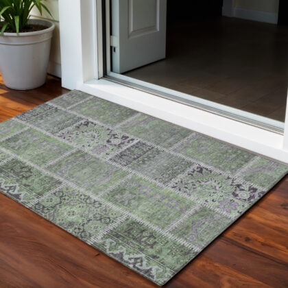 3' X 5' Green And Charcoal Patchwork Washable Indoor Outdoor Area Rug