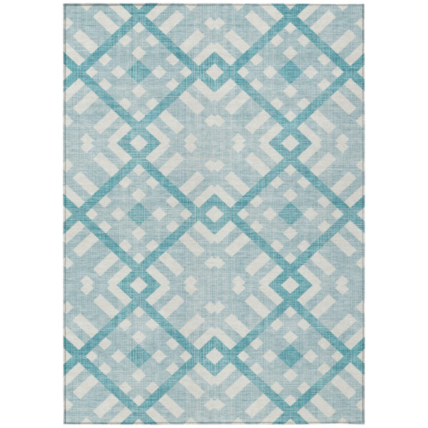 9' X 12' Teal Blue Aqua And Ivory Geometric Washable Indoor Outdoor Area Rug