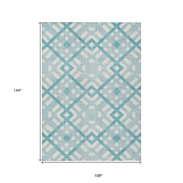 9' X 12' Teal Blue Aqua And Ivory Geometric Washable Indoor Outdoor Area Rug