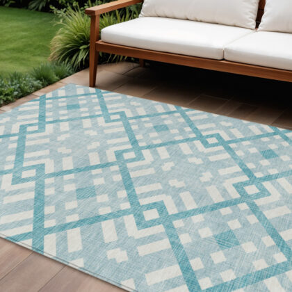 9' X 12' Teal Blue Aqua And Ivory Geometric Washable Indoor Outdoor Area Rug