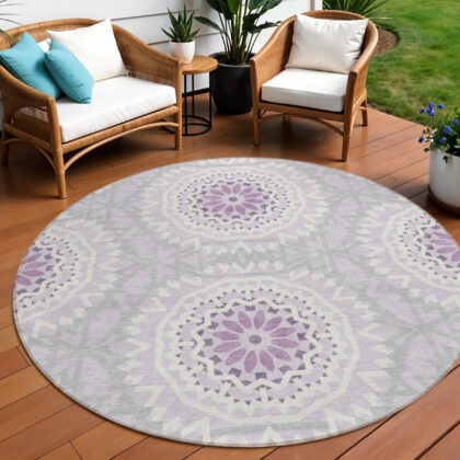 8' Lilac Purple And Ivory Round Floral Medallion Washable Indoor Outdoor Area Rug
